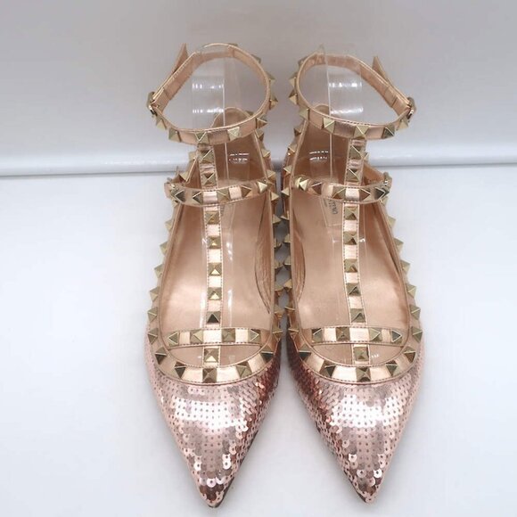 Valentino Sequin Rockstud Caged Ballet Flats Metallic Rose Gold Size 39 NEW - Picture 3 of 11
